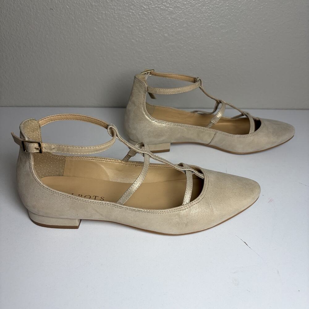 Talbots Gold Leather Pointed Toe Flats T Strap Size 6M Ballet Preppy Chic